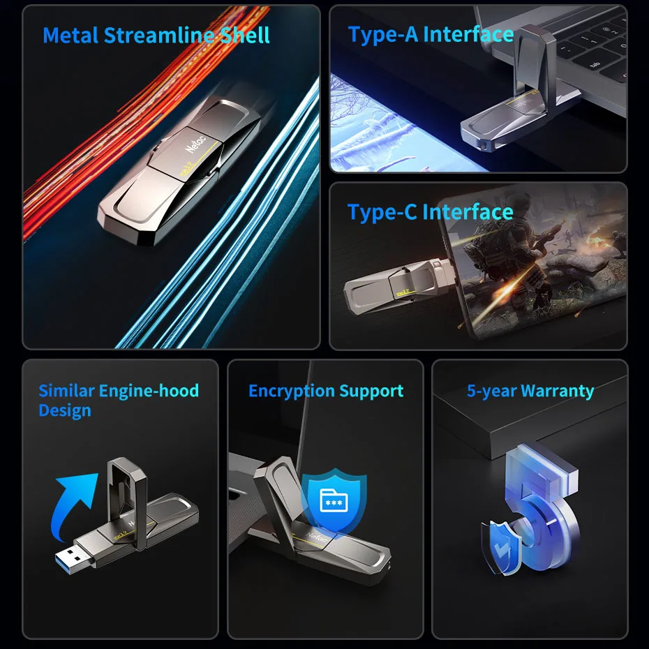 Immagine 6: Netac US5 USB3.2 Gen 2 128G 256G 512G 1T Type-C Pen Drive a Stato Solido 550MB/s, Flash Drive USB con Spedizione Gratuita per Telefono e Laptop