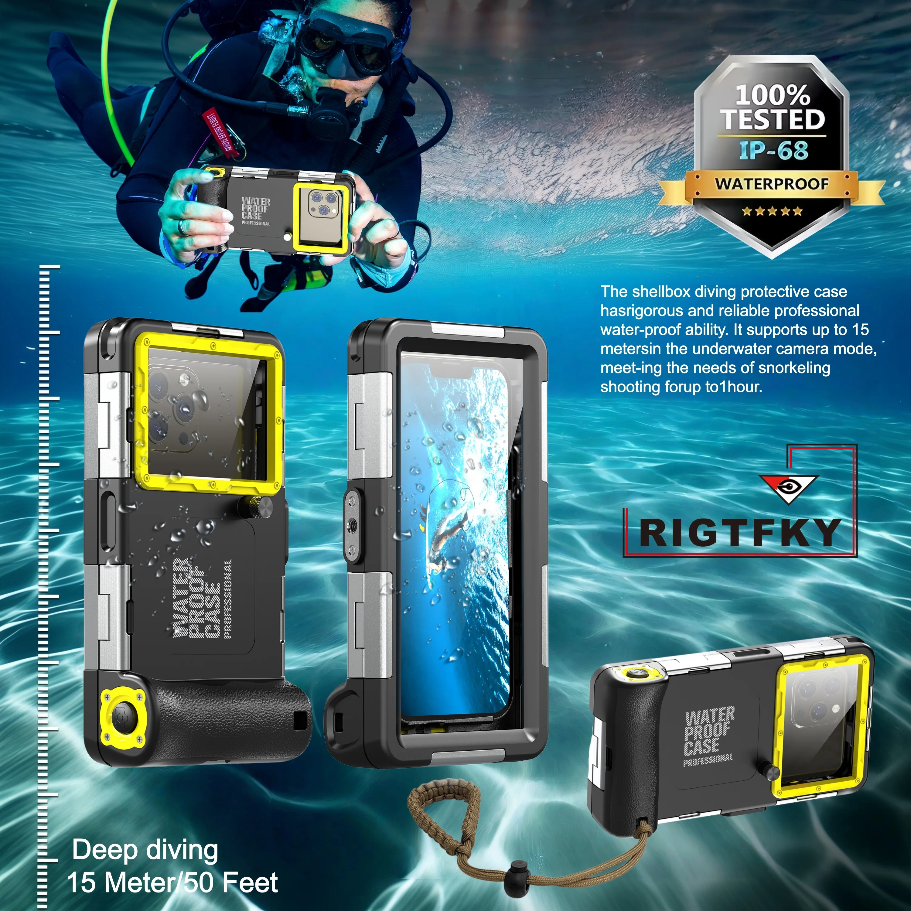 

Professional Deep diving IP68 Waterproof Phone Case 15m/50feet Universal 6.9inch phones Summer,outdoor,beach,snorkeling,surfing