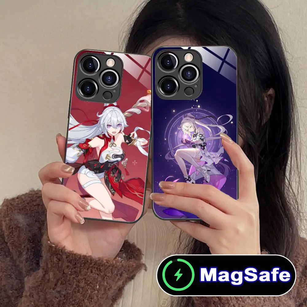 

Чехол для телефона Honkai Kiana Kaslana для iPhone 16, 15, 14, 13, 12, 11 Pro Max Plus Mini MagSafe, стеклянный цветной защитный чехол для смартфона