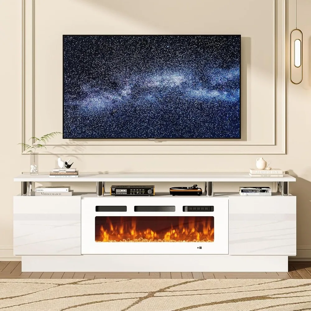 

70 Fireplace TV Stand, Modern Entertainment Center & 36 Inch Electric Fireplace with Remote Control, LED Light, Fire Place T