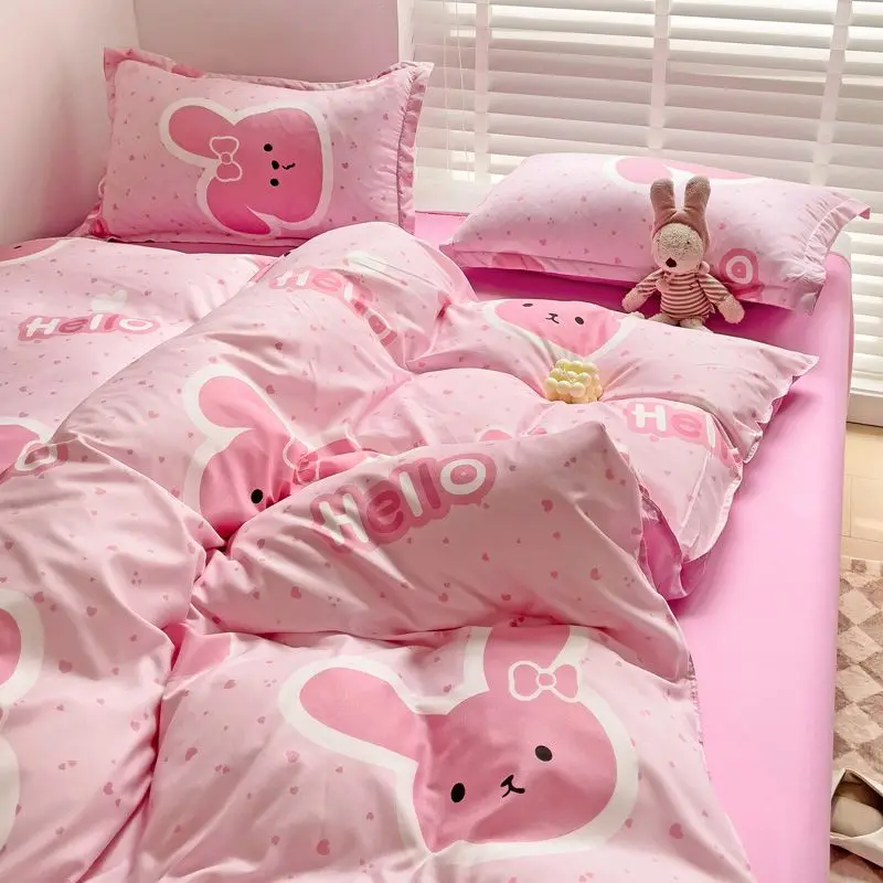 

Cute Animal Bedding Set Pink Rabbit Colourful Flower Duvet Cover Bed Sheet Pillowcase Autumn Warmth For Kid Adult New Year Gifts