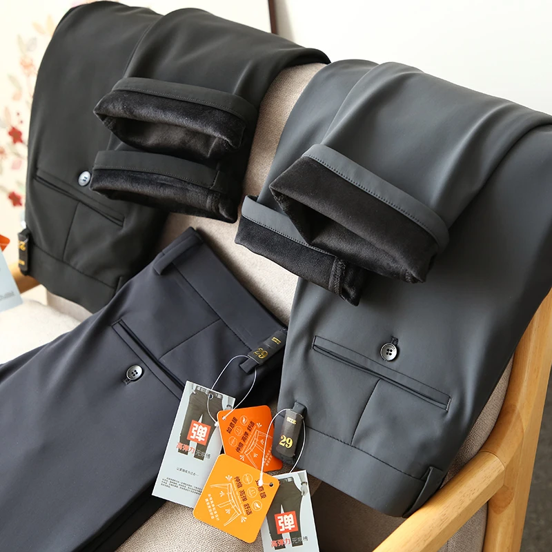 

Thiened Fce Повседневные брюки на подкладке для мужчин с эластичной резинкой на талии, прямые брюки, осень-зима, новые модные длинные брюки