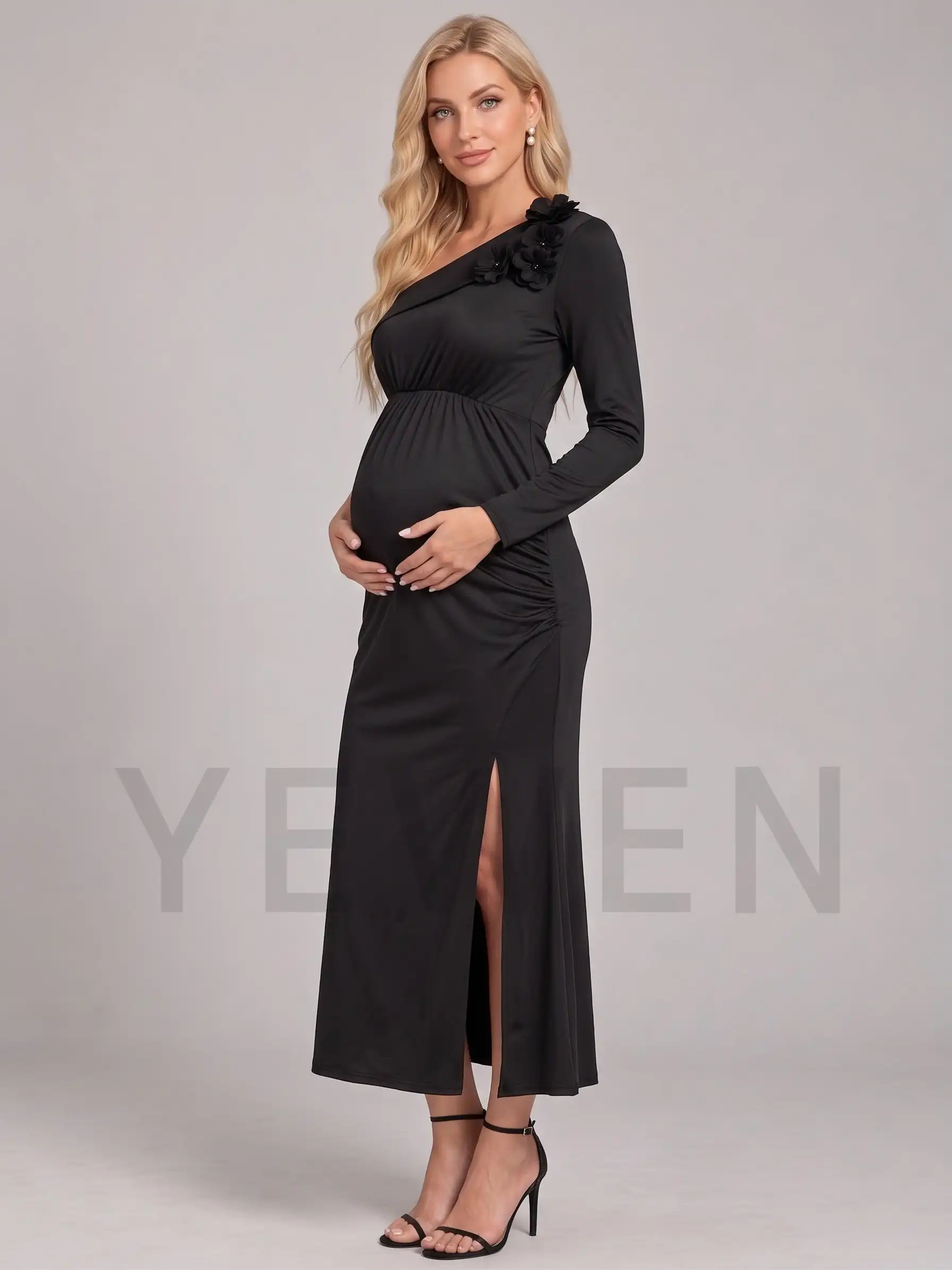 Black One-Shoulder 3D Floral Maternity Baby Shower Dress L-26937