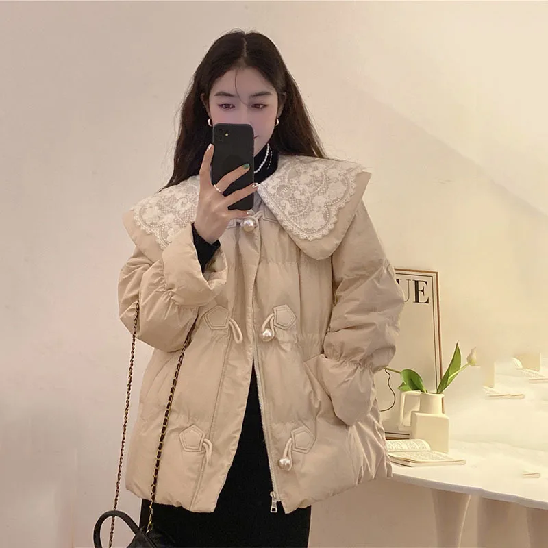 

New 2023 Women Chic Autumn Winter Coat Lace Collar Sweet Female Warm Cotton Padded Outerwear Korean Jacket Women Fashion