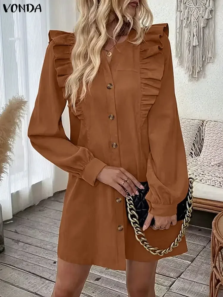 فساتين فوندا للحفلات الأنيقة للنساء مثيرة بياقة على شكل v وأكمام طويلة فستان صيفي صغير متين 2026 ربيعي غير رسمي فضفاض مكشكش ملابس الشارع الشهير #1