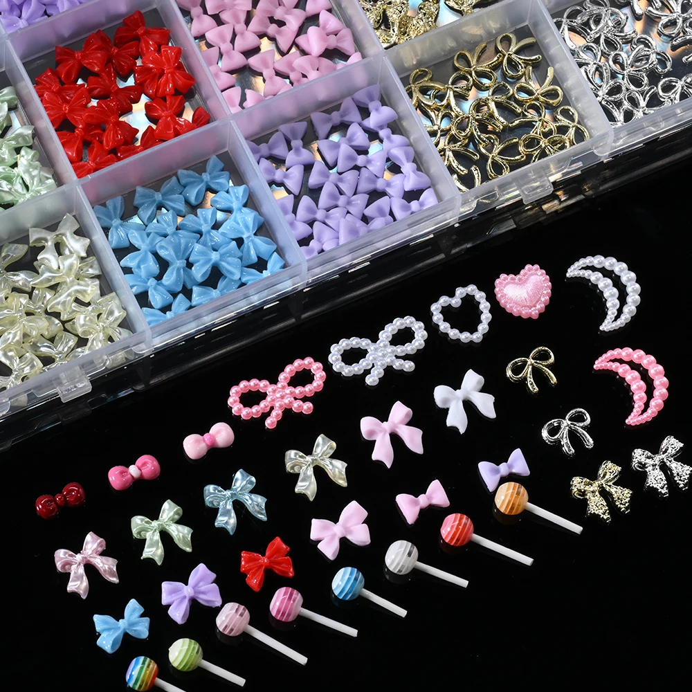 12/24Grids 3D Resin Bowknot/Ribbon Nail Charms Mixed Alloy Bow,Pearl Heart/Moon/Lollipop Nail Art Decorations Manicure Accessory