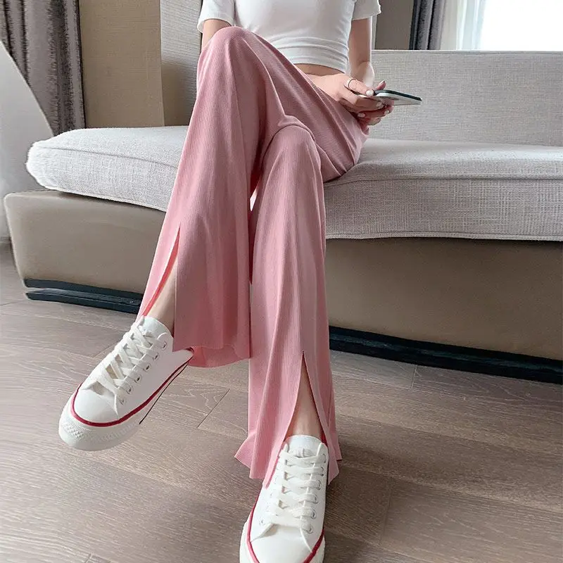 Slit Meat-covered Ice Silk Women for Summer Thin Loose Straight Black Large Size Casual High Waist Drooping Wide-leg Pants