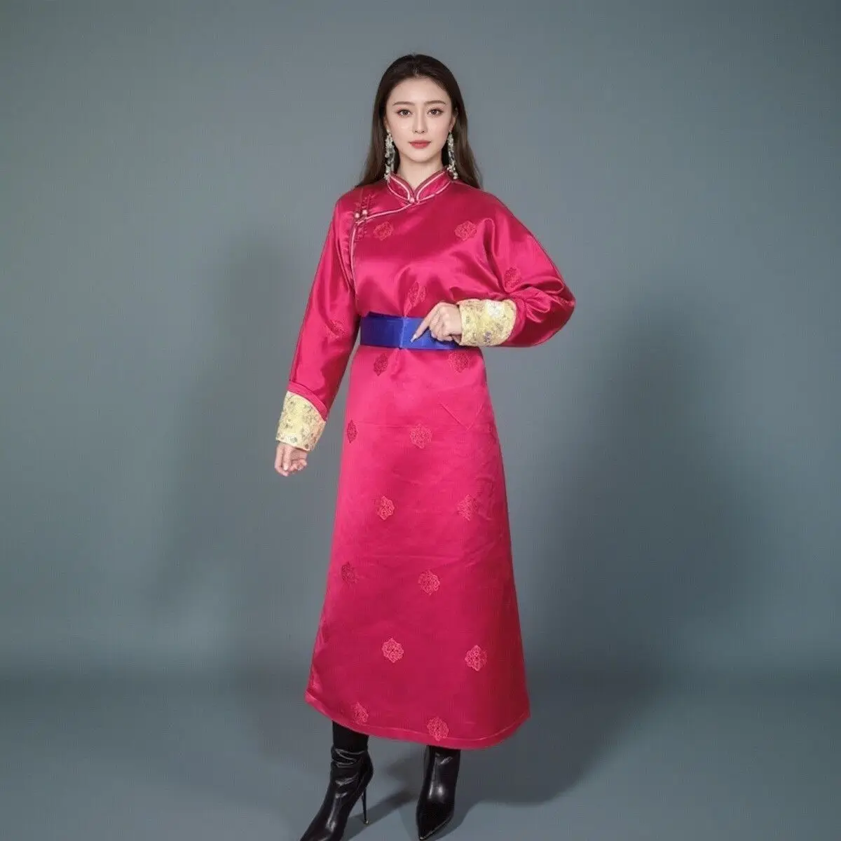

Монгольский халат, женское платье Cheongsam, длинная повседневная одежда, воротник-стойка, рукав, новинка в китайском стиле