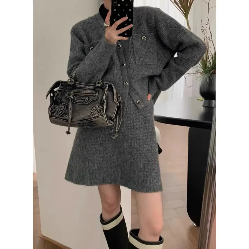 Striped Sweater Cardigan Skirt 2 Pcs Set Women Autumn Winter Korea Fashion Outfit Sweater Cardigan Jacket Half A-line Skirt New