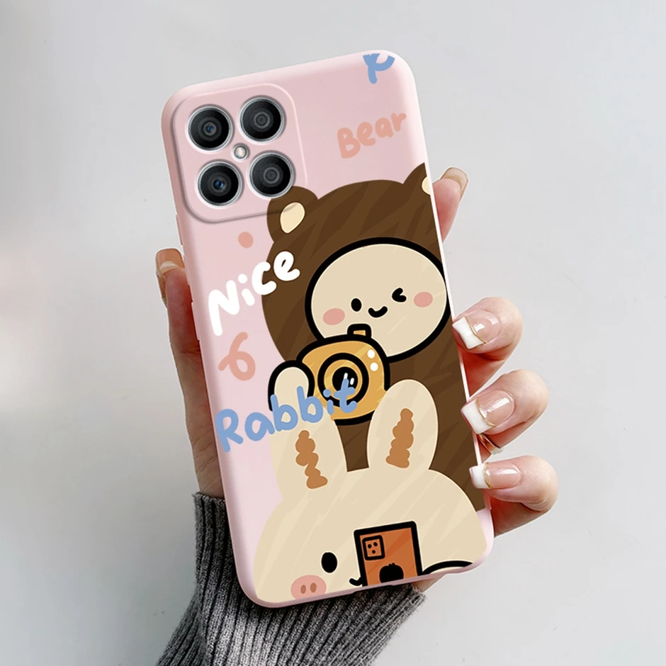 For Honor X8 4G Exquisite Beautiful Painted Phone Bumper Liquid Silicone Case Fro Honor X8 4G Unique Cute Cartoon Camera Carcasa