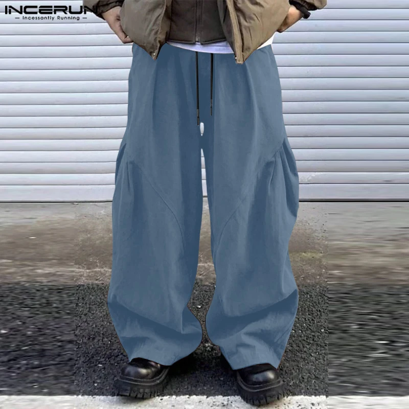 

INCERUN Men Pants Solid Color Joggers Drawstring Loose Casual Trousers Men Streetwear 2025 Fashion Leisure Male Long Pants S-
