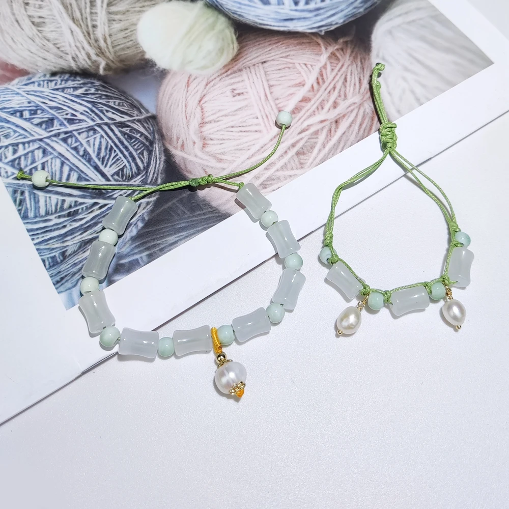 Braided White Colored Glaze Bracelet for Women Handmade Luck Beads with Pearl Chain Wrist Rope Length Adjustment