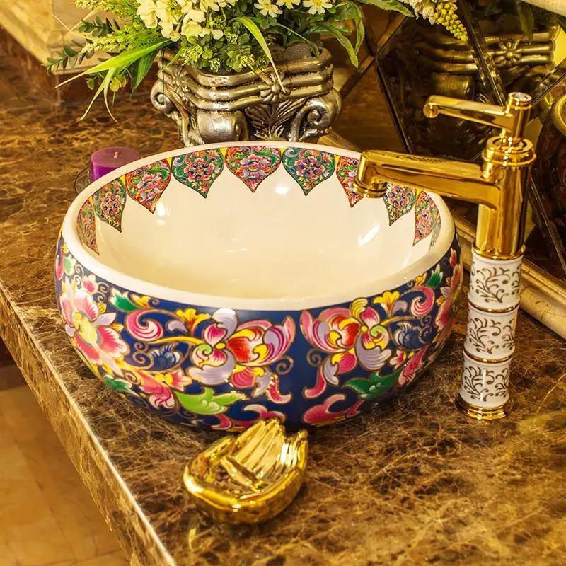 

Chinese Europe Vintage Style Art wash basin Ceramic Counter Top Wash Basin Bathroom Sinks bathroom basin bowl