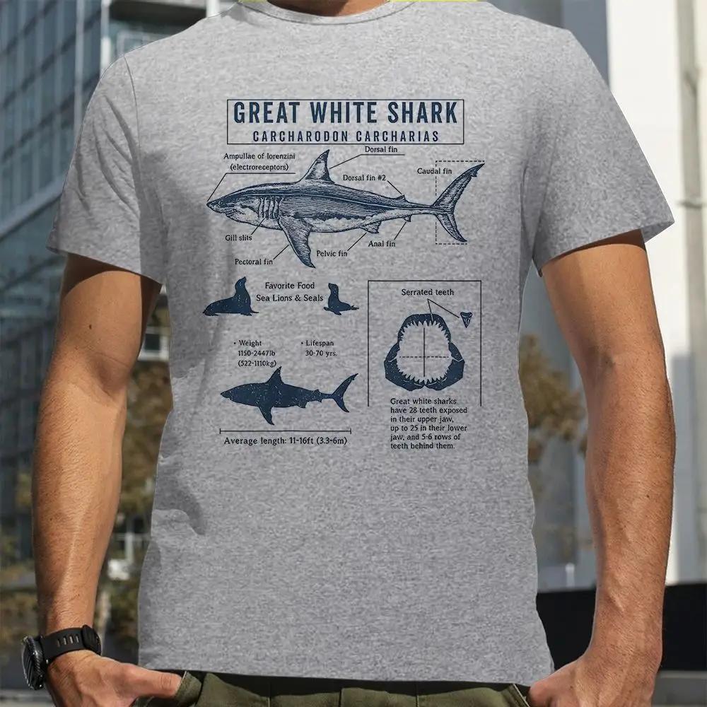 Great White Shark Anatomy Lovers Summer T-Shirt Men's Streetwear Hand-Painted Customizable Design Casual Fashion