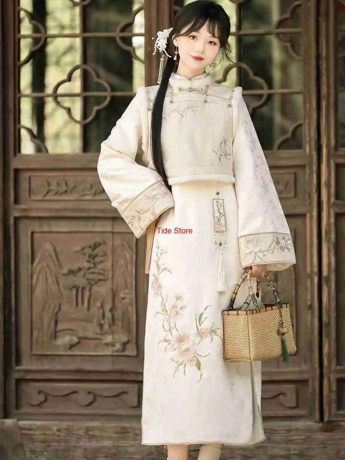 

Yingzhou Jade Rain Improved Hanfu Daily New Chinese Style Han Element Vest Qipao Cheongsam Set Dress Christmas