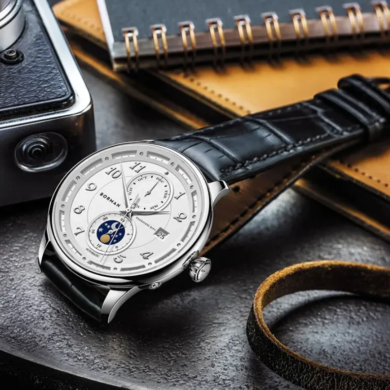 

Мужские автоматические часы BORMAN, 41 мм, механические наручные часы с сапфировым стеклом, многофункциональный циферблат, отображение месяца, даты и 24-часового формата времени