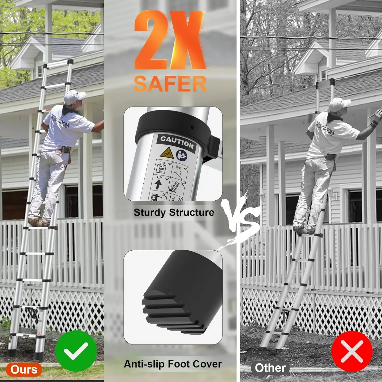 LUISLADDERS Telescoping Ladder 8.5 FT One-Button Retraction Aluminum Extension Telescopic Collapsible Ladder 330 Lb Capacity