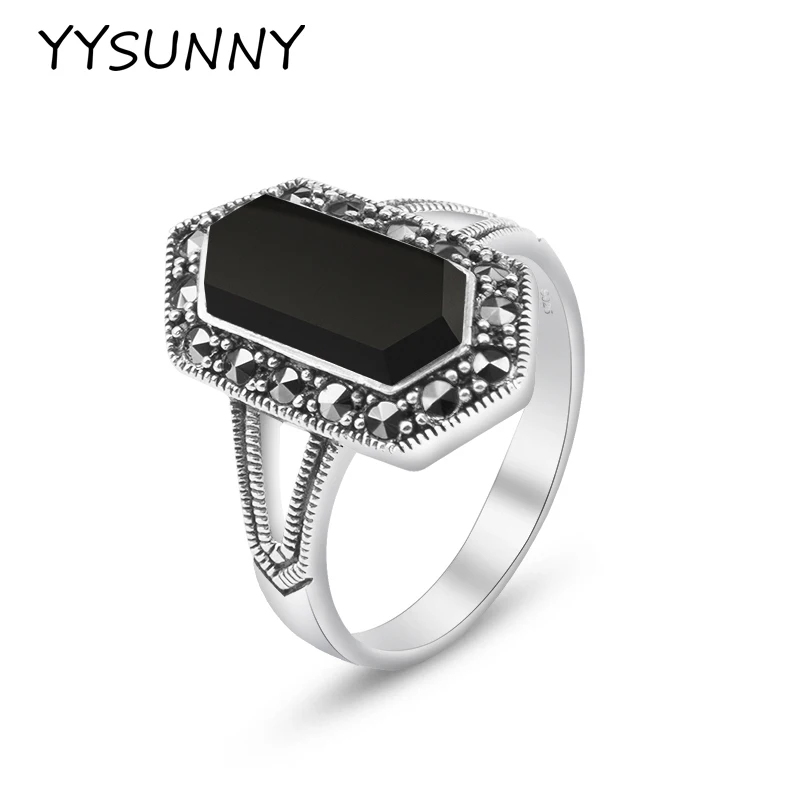 

YYSUNNY 925 Sterling Silver Black Ring Synthetic Agate Vintage Ethnic Style Women Party Ring