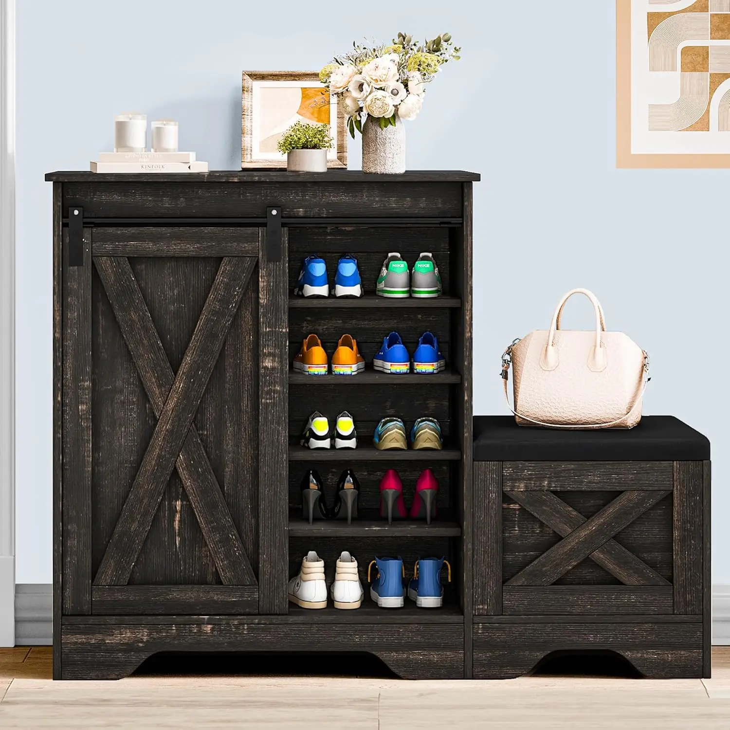 Farmhouse Shoe Storage Cabinet with Bench, 5-Tier Shoe Cabinet with Adjustable Shelves for 20 Pairs, Narrow Shoe Cabinet