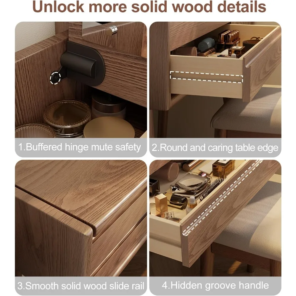 مكتب زينة خشبي مع مرآة وأضواء، مجموعة منضدة الزينة مكونة من 4 أدراج، علامة تبويب مكياج كبيرة مقاس 40 بوصة