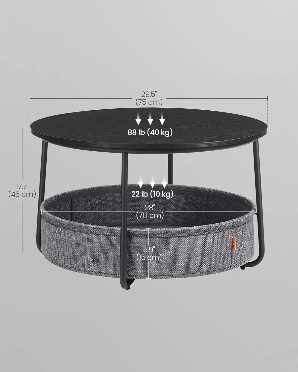 Coffee Table with Storage, Round Center Table for Living Room with Fabric Basket, Modern Style, Metal Frame, Ink Black