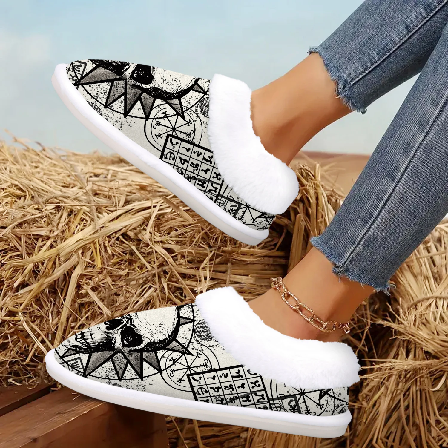 

Уютные женские тапочки с принтом черепа — мягкая, удобная домашняя обувь для дома и улицы с нескользящей резиновой подошвой, идеально подходит для Хэллоуина