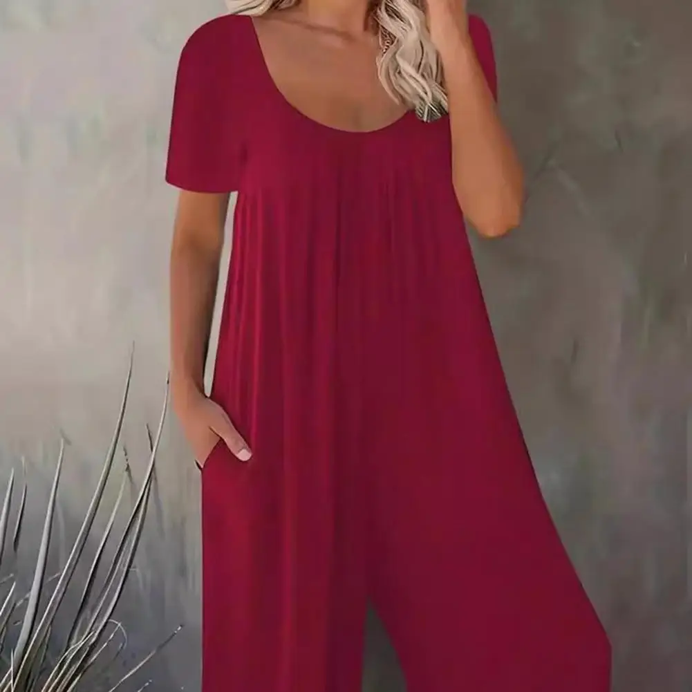 Summer Women Jumpsuit O Neck Wide Leg Deep Crotch Loose Side Pockets Pullover Casual Daily Wear Ankle Length Jumpsuit 여성 점프슈트