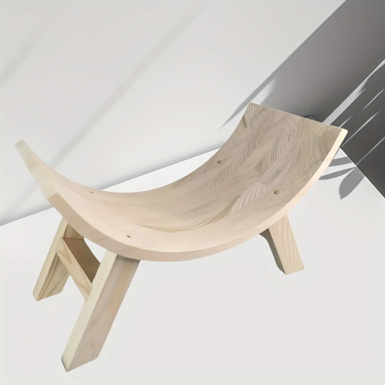 Elegante sgabello in legno a forma di U, legno massello bianco invecchiato, accessorio fotografico semicircolare e correttore posturale