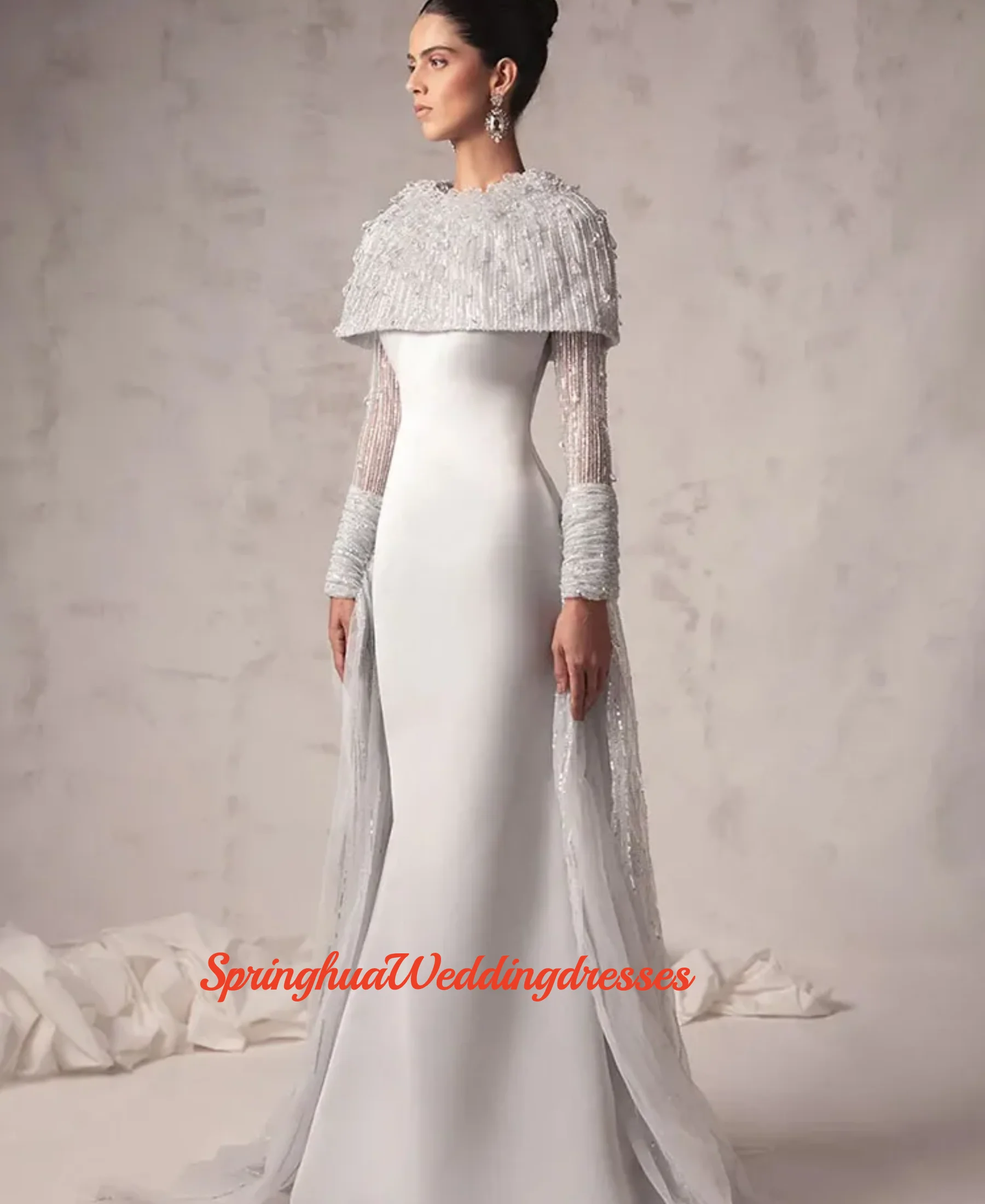 Customized Two Pieces Crystal Satin Mermaid Crew Neck Straight Satin Evening Dress Classic Long Sleeves Dresses