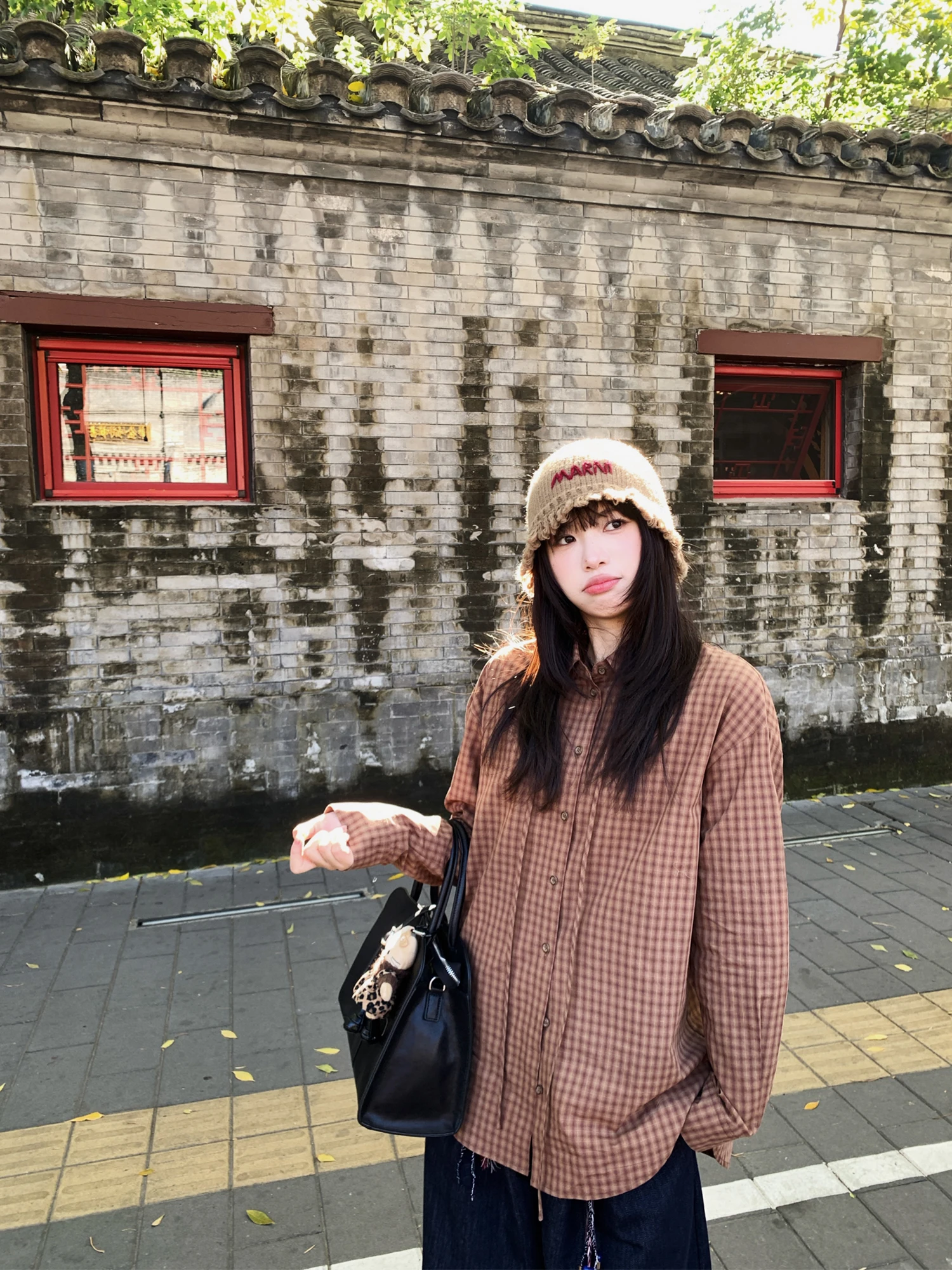 

Женская свободная рубашка в клетку Britney Xiao Jun, карамельного цвета, с завязками на талии, осенняя, винтажная, из хлопка, с длинным рукавом, повседневная, деловая, модная