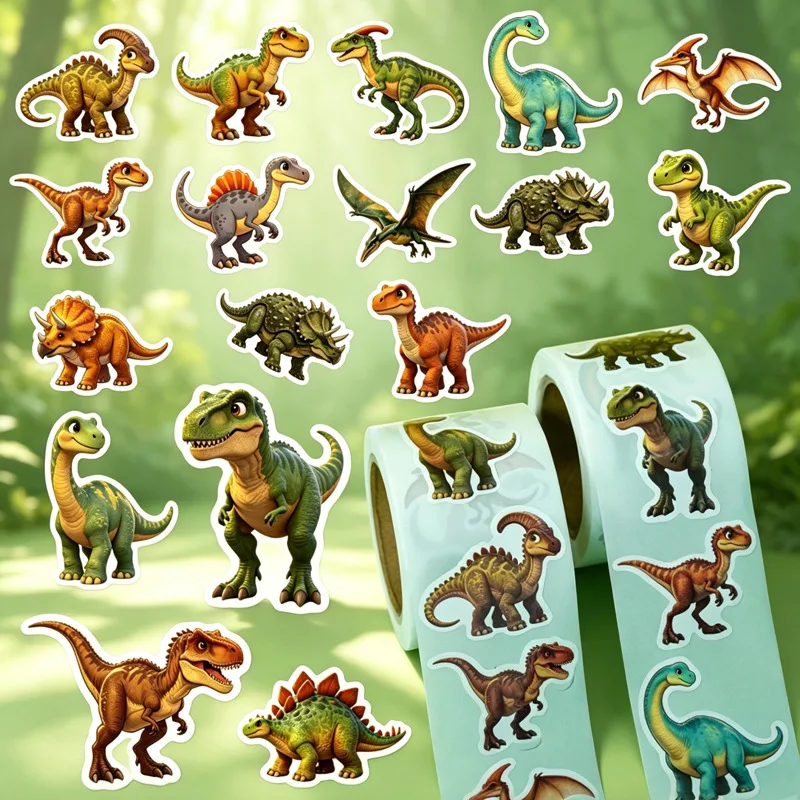 250/500pcs Dinosaur Stickers Roll Cute T-Rex Die-Cut Self-Adhesive Stickers Reward Stickers DIY Journal Decor Stickers