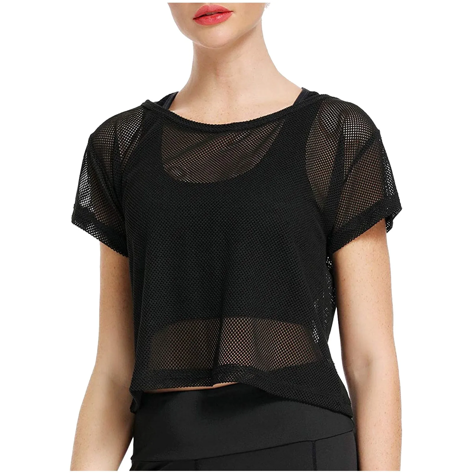 Womens Sexy Sheer Mesh T-Shirts Summer Fashion Thin Short Sleeve Soft Solid Crop Tops Tee Cover Up Quick Dry Yoga Sportwear