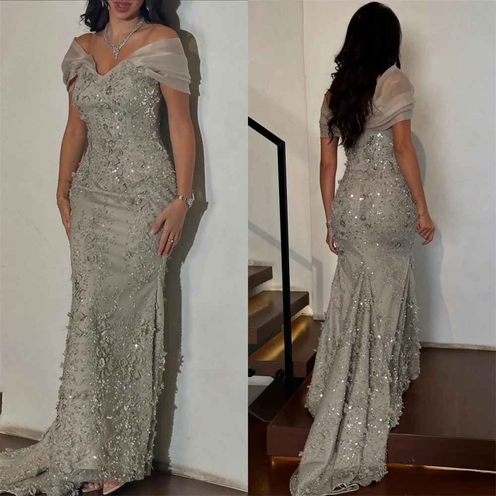 

Customized Intricate Fashion Pleat Flower Beading Sequined Mermaid Off-the-shoulder Long Dresses Bespoke Occasion Dresses Retro