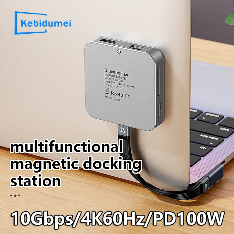 M. 2 NVMe Magnetic SSD HDD Enclosure 10Gbps USB 3.2 Type-C Expand Dock 4K 60Hz HD Hub 3.5mm AUX PD 100W Converter Support SD/TF