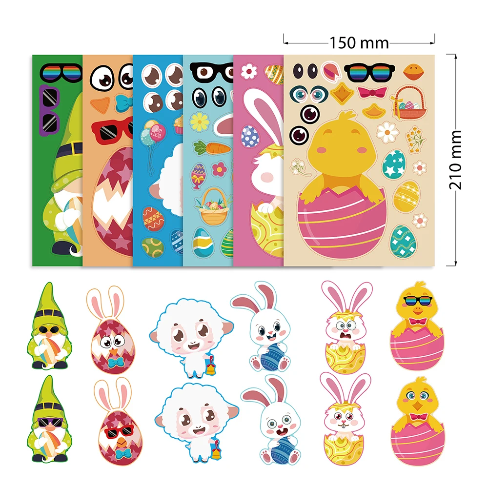 6/12Sheets DIY Easter Puzzle Stickers Cute Animals Face Make Your Own Easter Egg Rabbit Assemble Jigsaw Kids Educational Toys