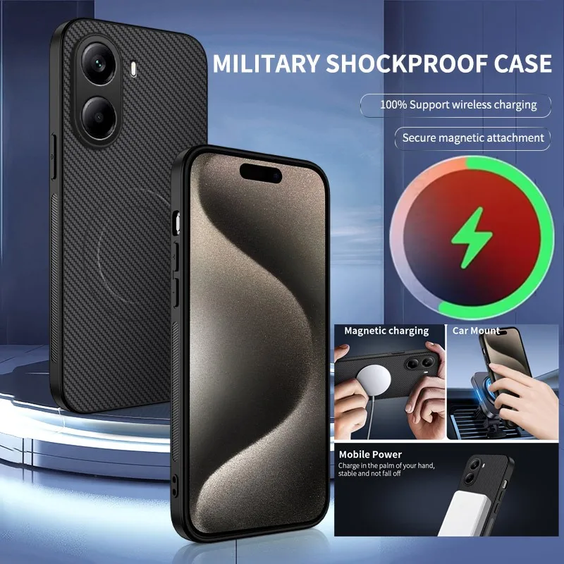 Business Carbon Fiber Magnetic Phone Case For Xiaomi POCO X7 X6 Pro F6 F7 M7 Pro Ultra C71 C61 C75 Slim Anti-Fall Back Cover