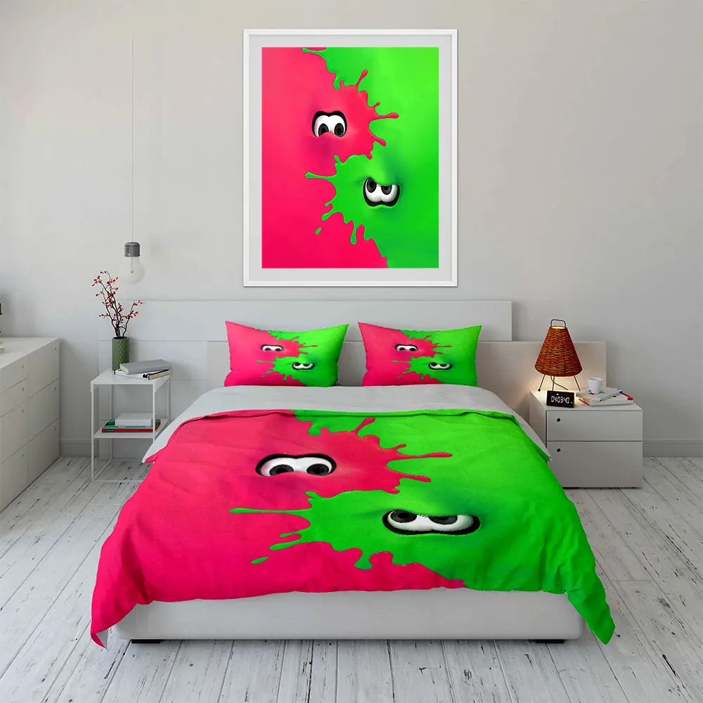 

Funny Slime Eyes Bedding Set,Cute Pink and Green Splatter with Cartoon Eyes Print Duvet Cover + 2 Pillowcases,Kids Room Decor