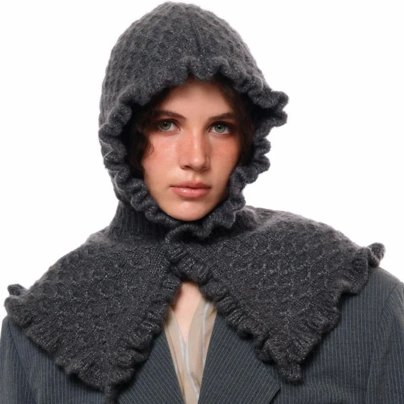 Koreanische Ins Winter Warme Gestrickte Balaclava-Mütze, Nischenmode, Vielseitige Mütze und Schal in Einem, Pullover-Bombermützen für Damen – Detail 2