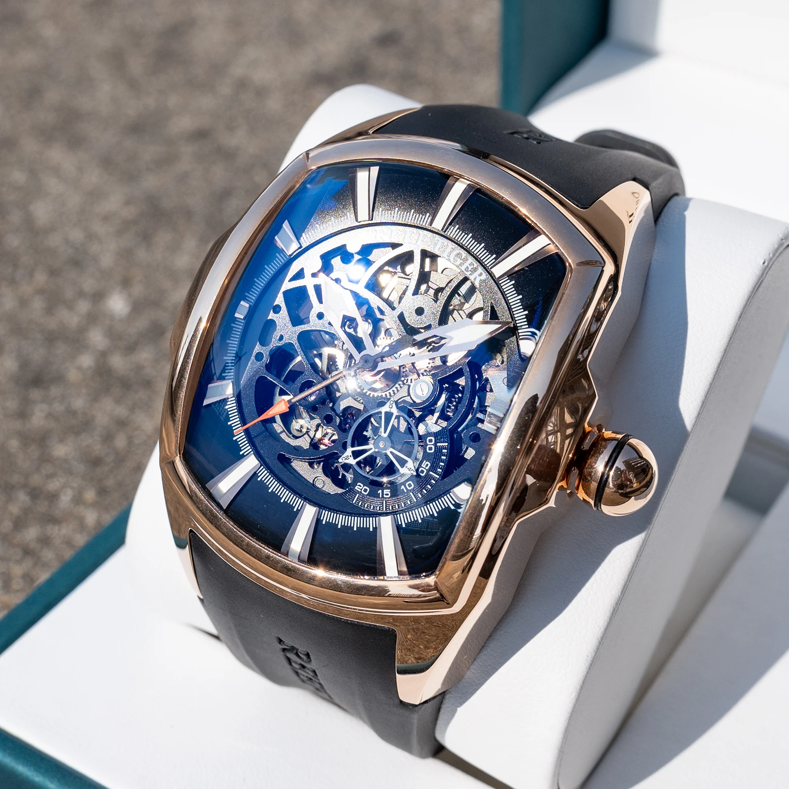 

Reef Tiger Men's Luxury Rose Gold Skeleton Automatic Watch Wine Barrel Hollow-out Mechanical Fashion RGA3069-S