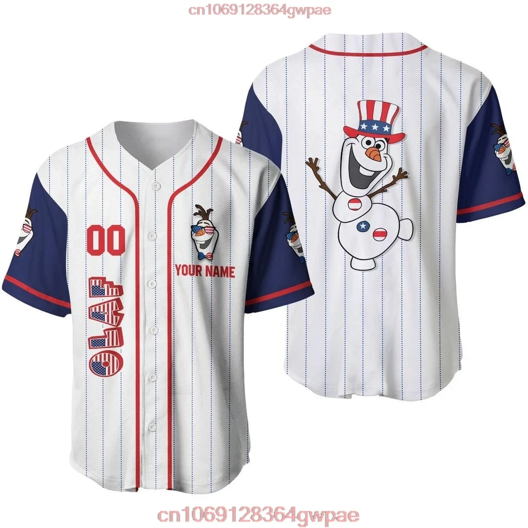 Olaf frozen camisa de beisebol das mulheres dos homens camisa de manga curta nome personalizado disney camisa de beisebol casual esportes camisa de beisebol