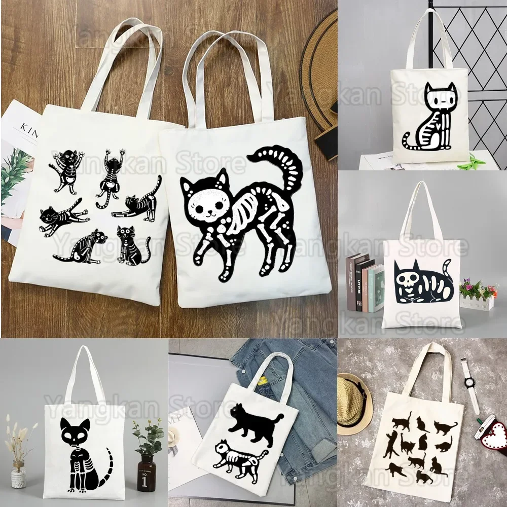 Black Cat Diagram Skeleton Shopping Handbag Print Large Capacity Bag Canvas Bag Casual Large Hand Bags