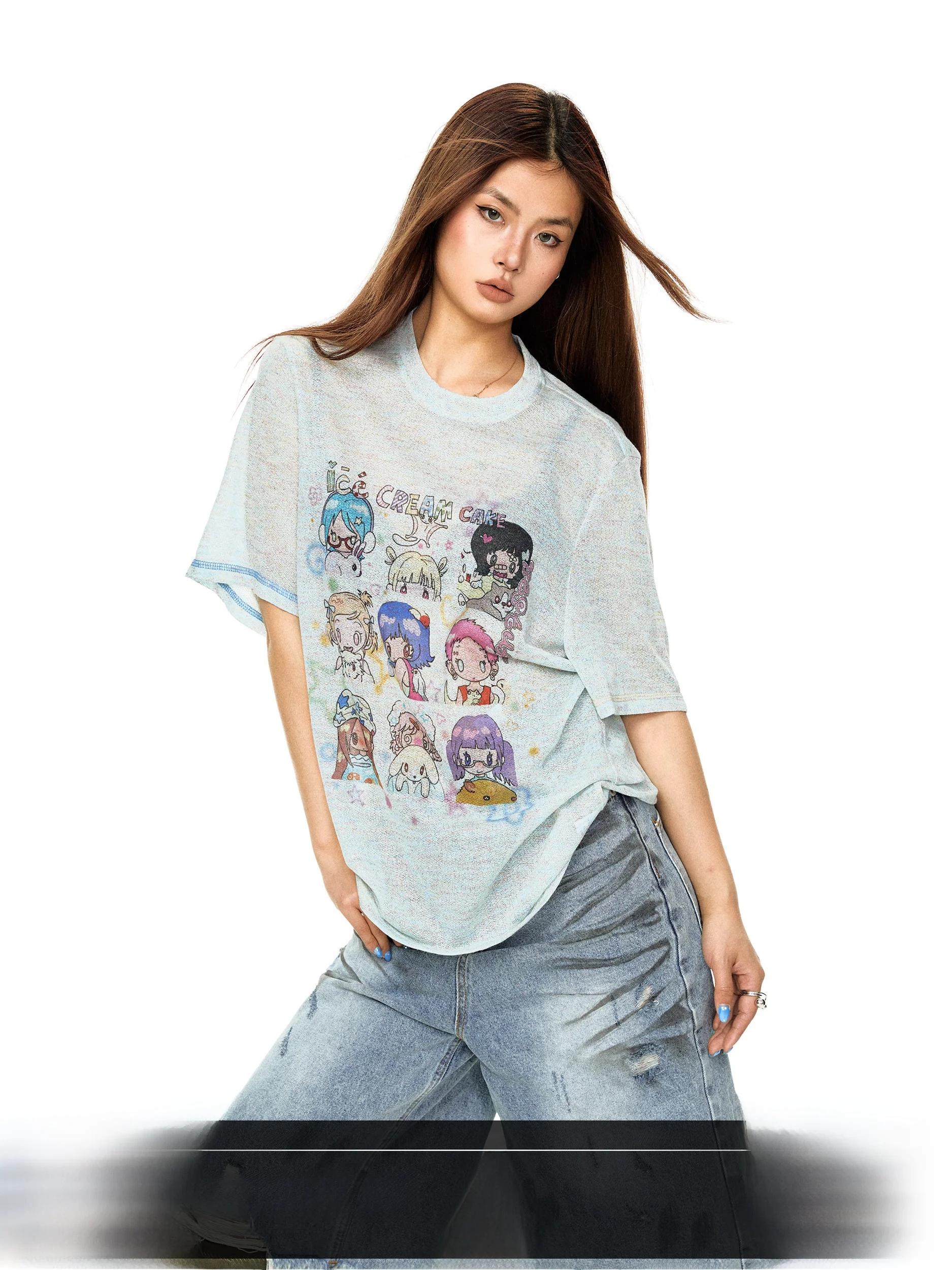 

Lightweight Casual Loose Short Sleeve T-Shirt Women's Cartoon Print Top Half Sleeve Cover up Summer Fashion Polyester Blend