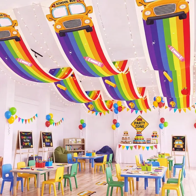 VIKAMA Rainbow Strip Ceiling Hanging Curtain, School Bus Apple & Pencil Print Decoration Banner for Welcome Hallway Decor
