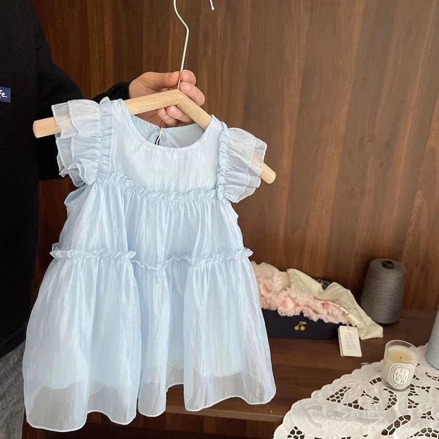 summer-blue-sleeveless-princess-dress-for-girls-thin-vest-style-sweet-baby-korean-version-cotton-polyester-blend-outdoor-wear