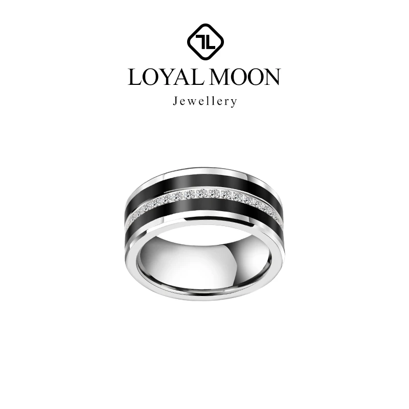 Loyal Moon Wedding Tungsten Rings For Men Inlay Black Ceramic Fully Stacked Cubic Zircon Jewelry Engagement,customized