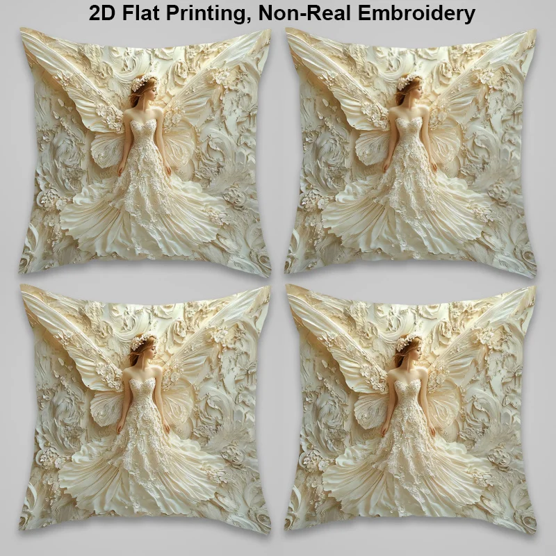 1pc 2D Flat Pillow Not Included Angel Wings Bride White Sculpture Effect Cushion Cover Short Plush Wedding Decor Gift Case