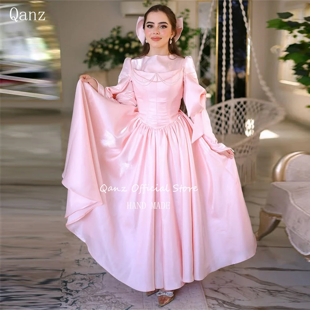 

Qanz Розовые вечерние платья Длинные атласные платья с длинными рукавами Vestidos De Noche Elegantes Свадебные платья для гостей Стильные по индивидуальному заказу