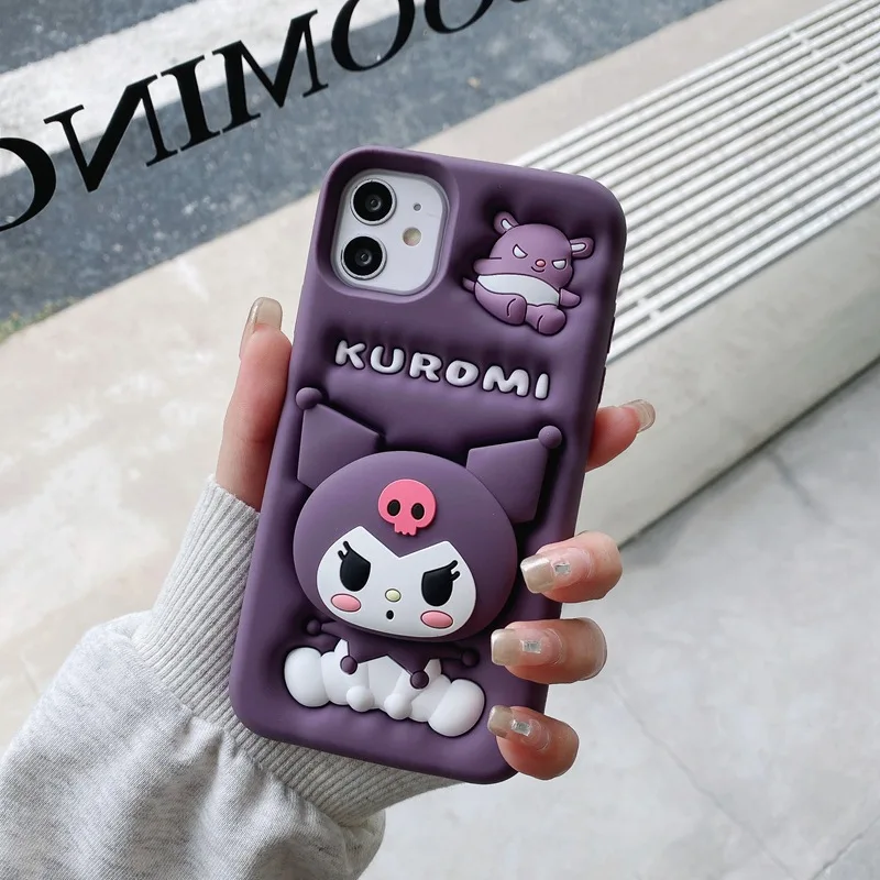 Cute 3D Kuromi Head Grip Tok Holder Phone Case for iPhone 15 11 14 13 12 11 Cartoon Anti-drop Shockproof Silicon Soft Cover