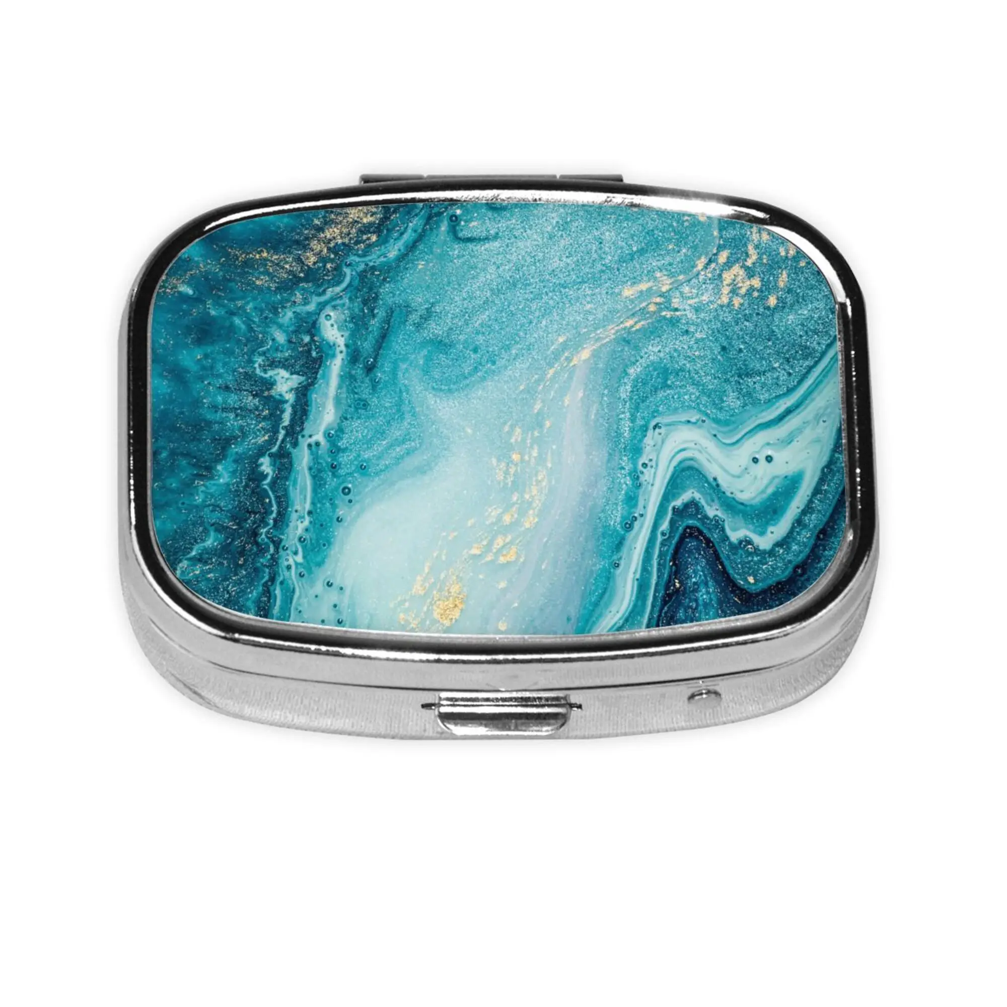 

Синяя прямоугольная коробочка для таблеток с эффектом зыбучих песков, портативный органайзер для лекарств и витаминов, декоративный металлический футляр для кармана или сумочки, подарок