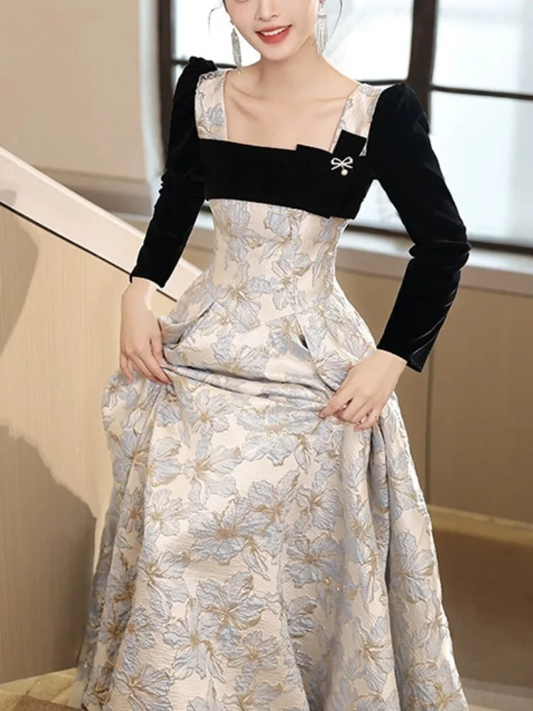 Customized Square Collar Long Sleeve Patchwork Wedding Party Vestidos Slim Waist Pleated Elegant Evening Dress Flower Printed Pr